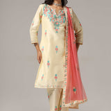 Cream Raw Silk Kurti With Pants And Netted Dupatta Set