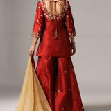 Maroon Raw Silk Kurti With Sharara And Net Dupatta