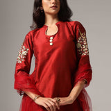 Maroon Raw Silk Kurti With Pants And Net Dupatta