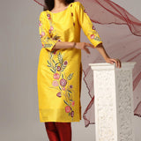 Yellow Raw Silk Kurti With Pants And Dupatta