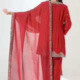 Apple Red Georgette Embroidered Kurti Set