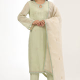 Pastel Green Silk Organza Thread Work Kurti Set