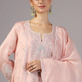 Pastel Pink Silk Organza Thread Work Kurti Set