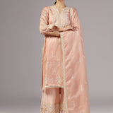 <img> Peach Pink Organza Thread Embroidered Kurti Set