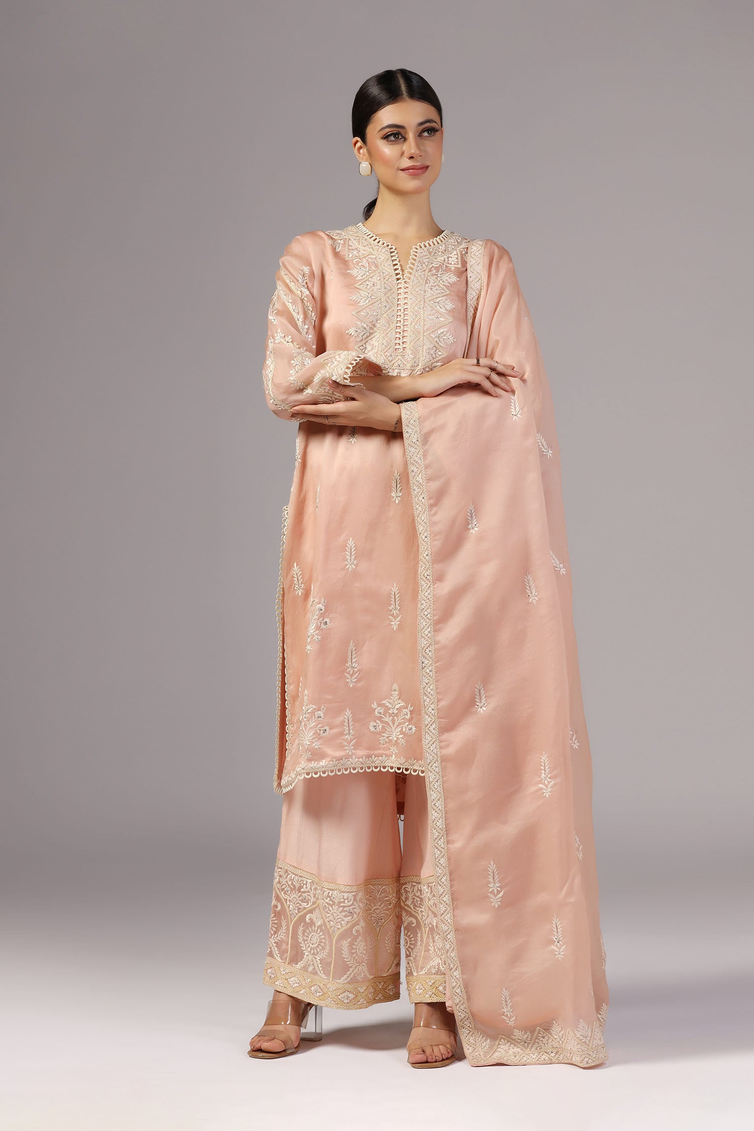 <img> Peach Pink Organza Thread Embroidered Kurti Set
