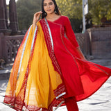 Red Cotton Silk Suit Set With Bandhani Dupatta
