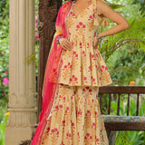 Cream Cotton Floral Printed Gharara Set