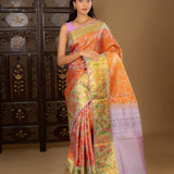 Pinkish Orange Floral Kanjivaram Silk Saree