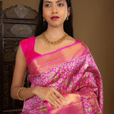 Bright Pink Floral Kanjivaram Silk Saree