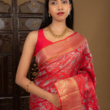 Bright Red Floral Kanjivaram Silk Saree
