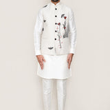 White Art Silk Kurta Set With White Cotton Jacket