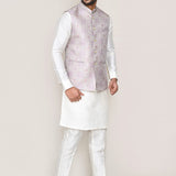 White Jacquard Kurta Set With Grey Jacket
