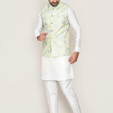 White Art Silk Kurta Set With Pista Green Jacket