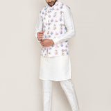 Milk White Art Silk Kurta Set With White Jacket
