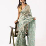 Greenish Gray Silk Tissue Saree With Fancy Border