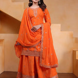 Bright Orange Silk Embroidered Sharara Set