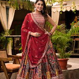 Maroon Satin Printed Lehenga Set