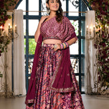 Wine Satin Printed Lehenga Set