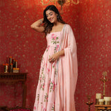 Soft Pink Chinon Floral Printed Anarkali Set