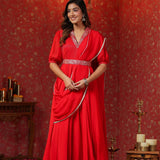 Scarlet Red Crepe Belt Draped Solid Dupatta Dress