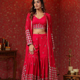Red Georgette Embroidered Indo-Western Choli Set