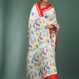 White Pure Silk Saree With Printed Design