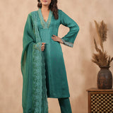 Teal Green Russian Silk Solid Kurti Set