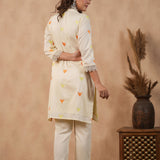 Off White Russian Silk Embroidered Kurti Set