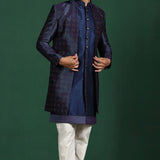 Navy Blue And White Jacquard Sherwani Set