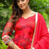 Rose Red Organza Abstract Printed Sharara Set