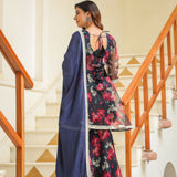 Dark Night Blue Organza Floral Sharara Set