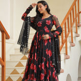 Night Black Chiffon Floral Printed Anarkali Set