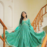 Turquoise Blue Cotton Floral Printed Anarkali Set