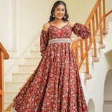 Maroon Cotton Floral Printed Gown Set