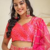 Bright Pink Brocade Silk Bandhani Printed Lehenga Set