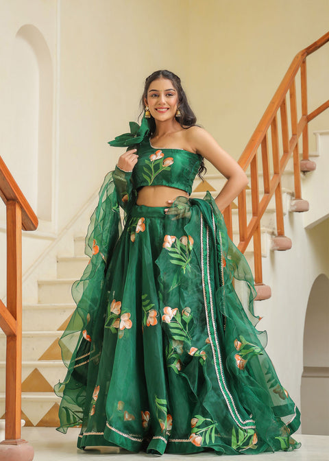 <img> Emerald Green Organza Floral Lehenga Set