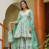 Mint Green Cotton Mughal Printed Sharara Set