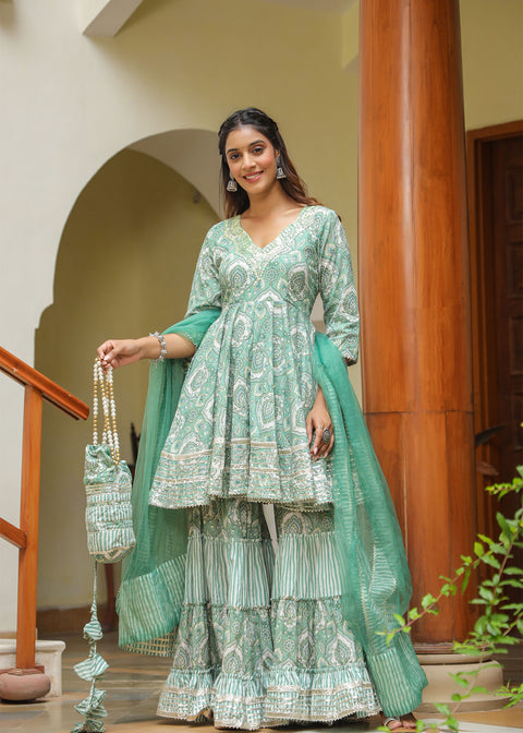 <img> Mint Green Cotton Mughal Printed Sharara Set