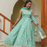 Mint Green Cotton Printed Floral Anarkali Set