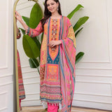 Multicolour Pink Chinon Printed Kurta Set
