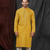 Mustard Jacquard Kurta Set With Embroidered Neck