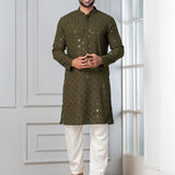 Olive Green Cotton Silk Embroidered Kurta Set