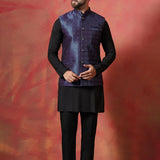 Jute Black Kurta Set With Jacquard Embroidered Nehru Jacket