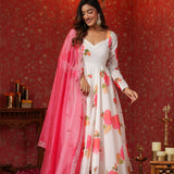 White Chanderi Floral Printed Anarkali Set