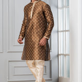 Brown Printed Dupion Silk Kurta Set