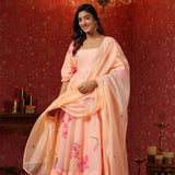 Peach Chanderi Floral Printed Anarkali Set