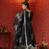 Rich Black Organza Floral Printed Anarkali Set