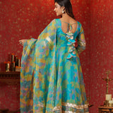 Cerulean Blue Organza Printed Anarkali Set