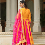 Pink And Yellow Cotton Silk Solid Anarkali Set
