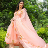 Peach Pink Organza Floral Anarkali Set